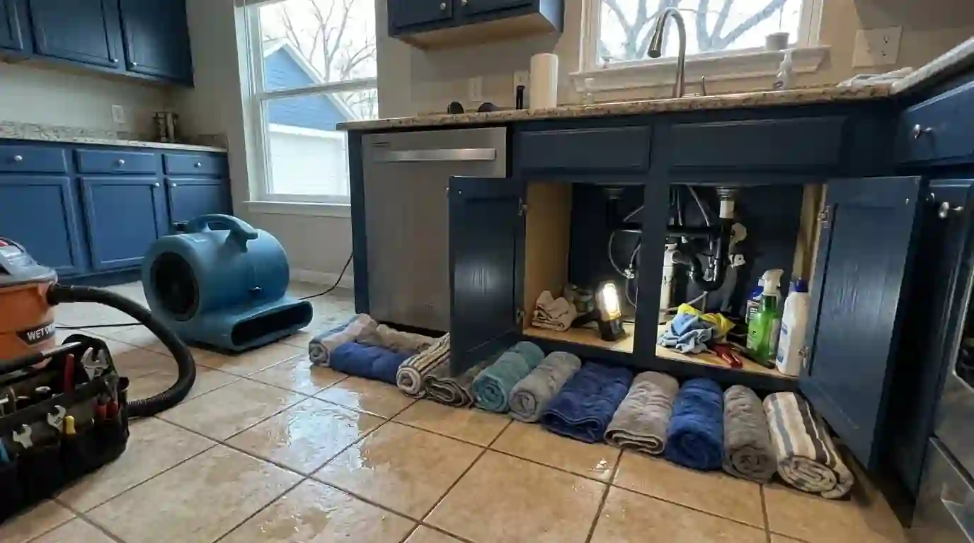 Towels along a leaking dishwasher with the shutoff valve exposed