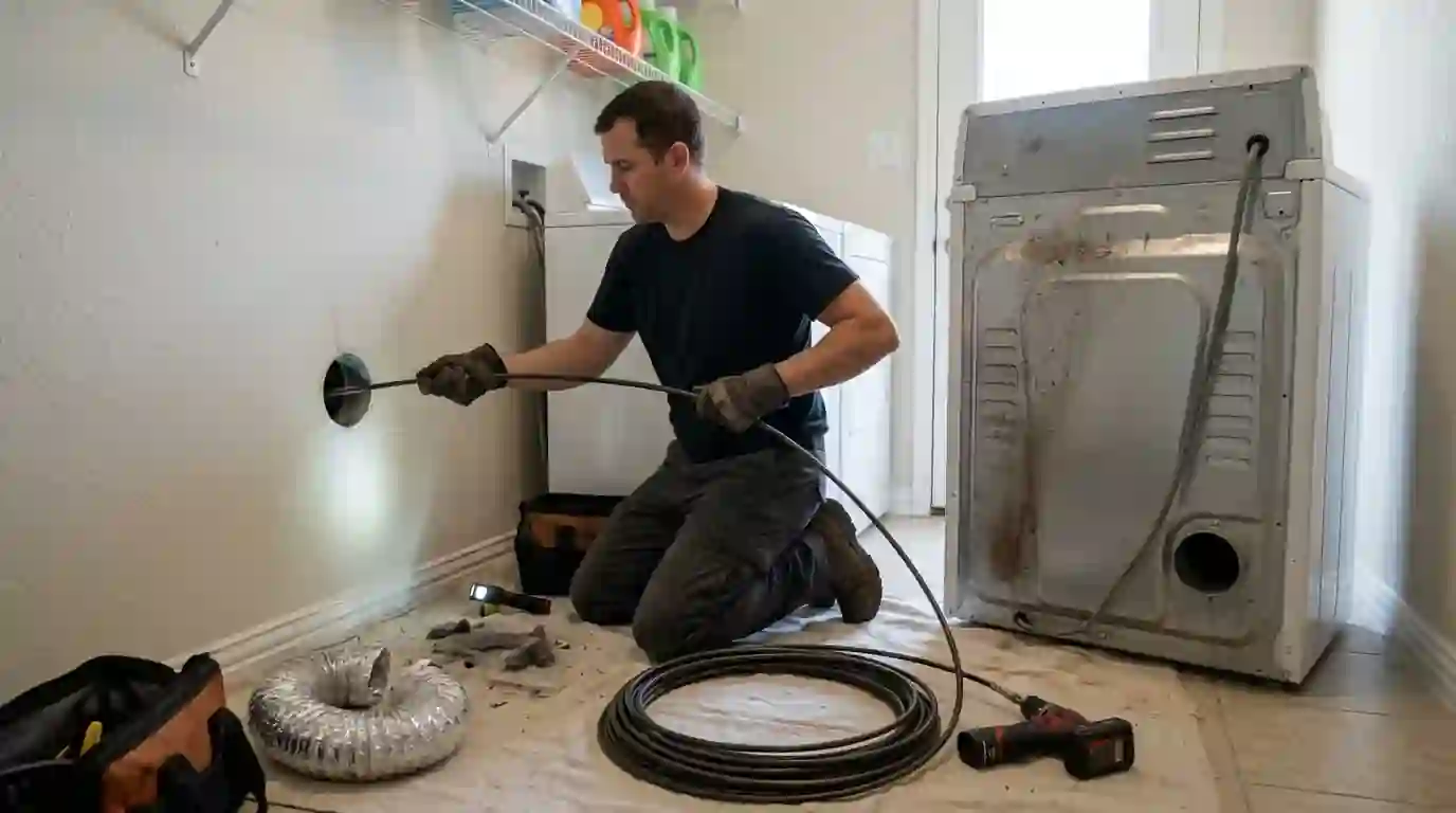 Rotary brush going into a dryer vent behind a pulled-out dryer