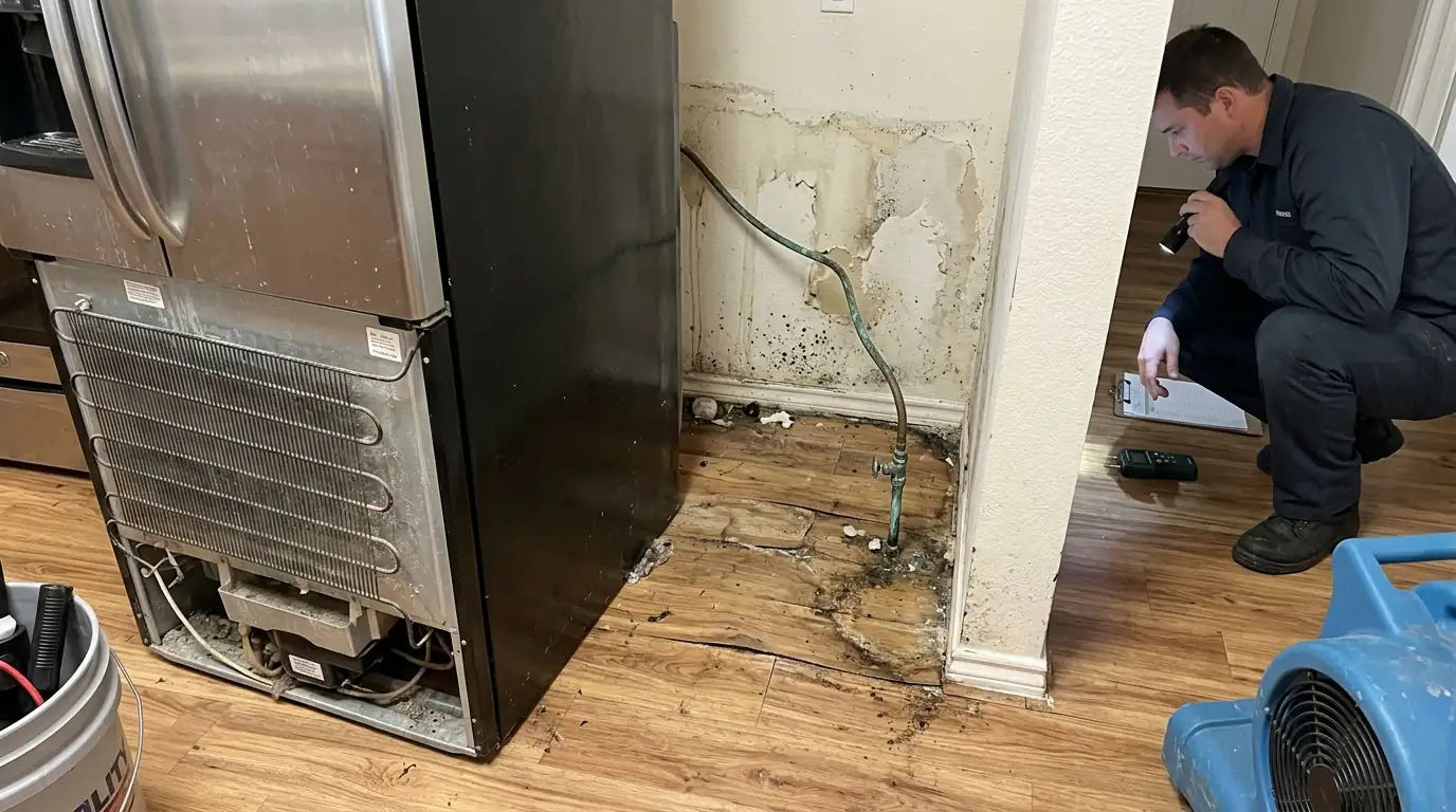 Cracked ice maker line and warped floor behind a refrigerator