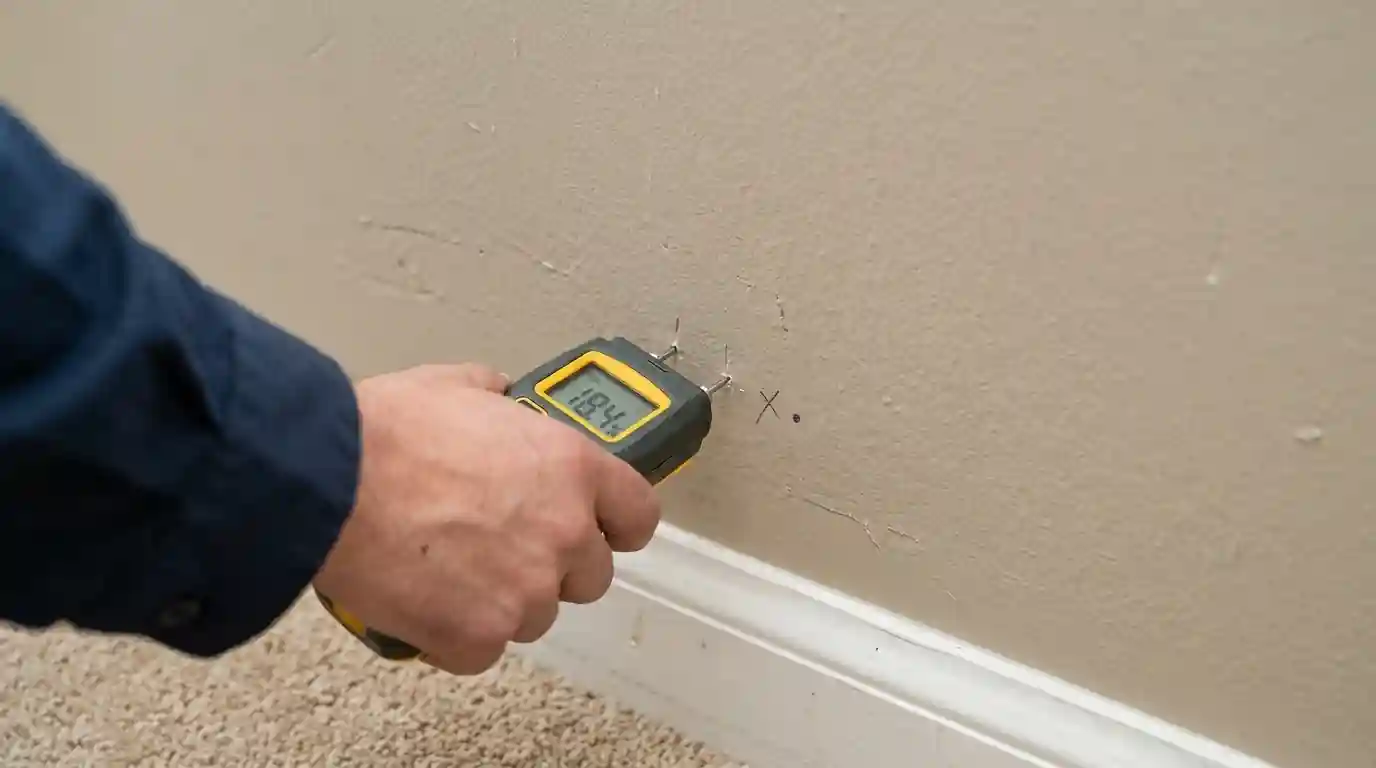Moisture meter reading a marked point on drywall during a dry-out