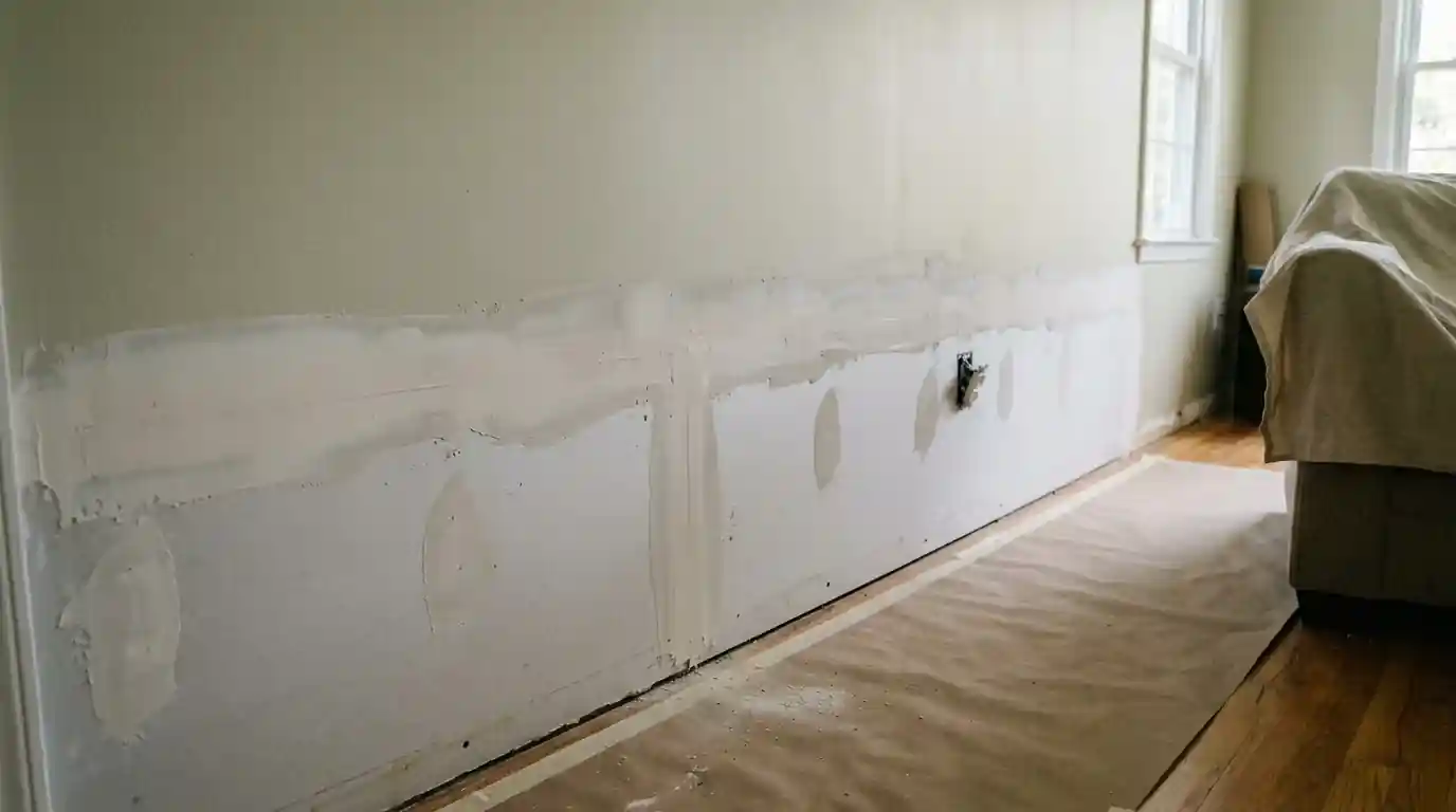 New drywall band taped and mudded after a flood cut