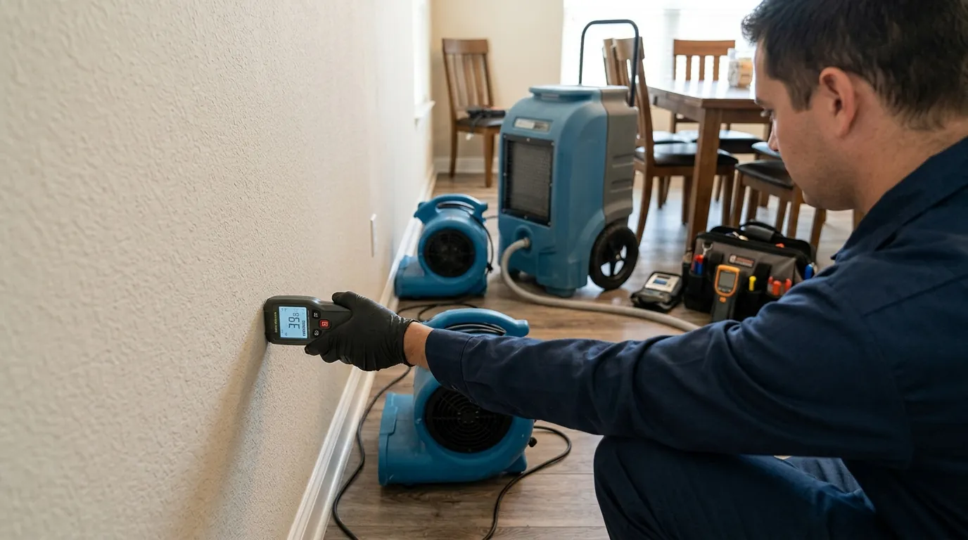 Reading a wet wall with a moisture meter during structural drying