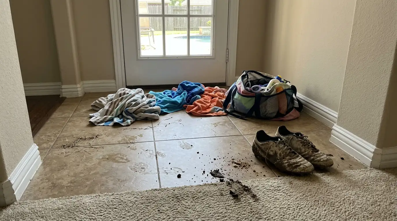 Wet towels and cleats by the back door of a Westover Park home