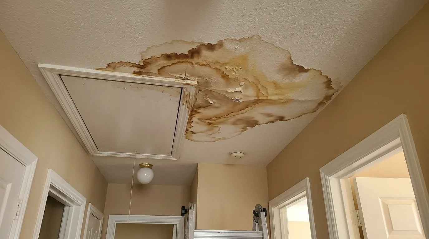 Water ring on a hallway ceiling below the attic