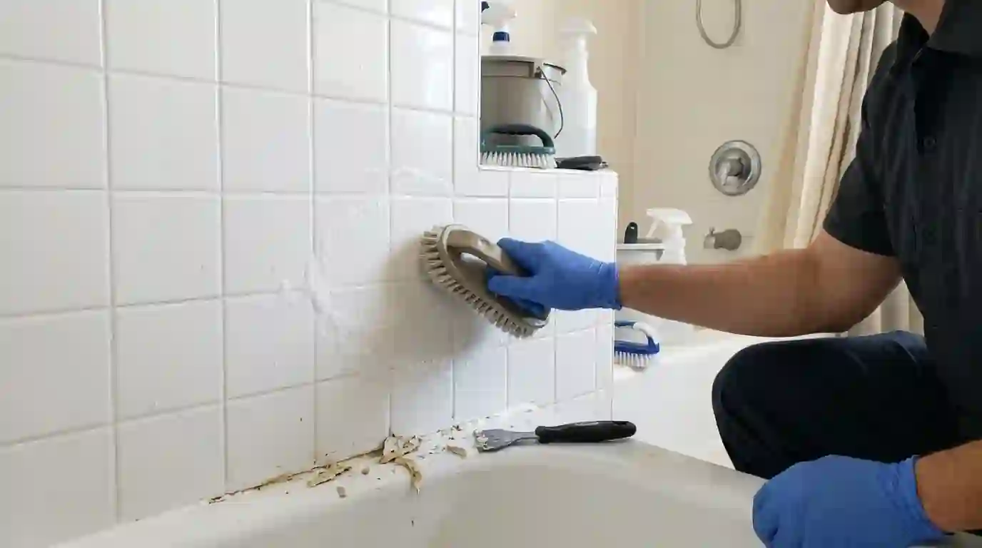 Shower corner grout with mildew and worn caulk before cleaning