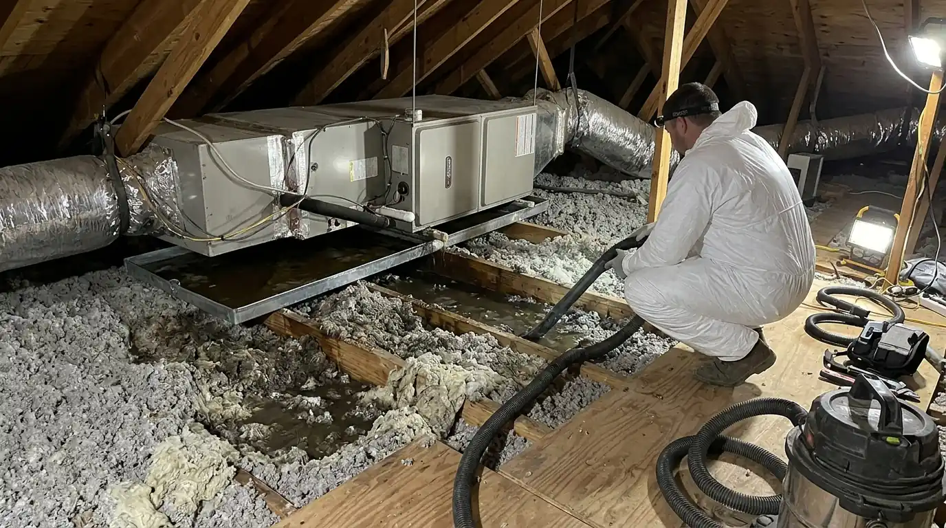 Overflowing AC drain pan above soaked attic insulation