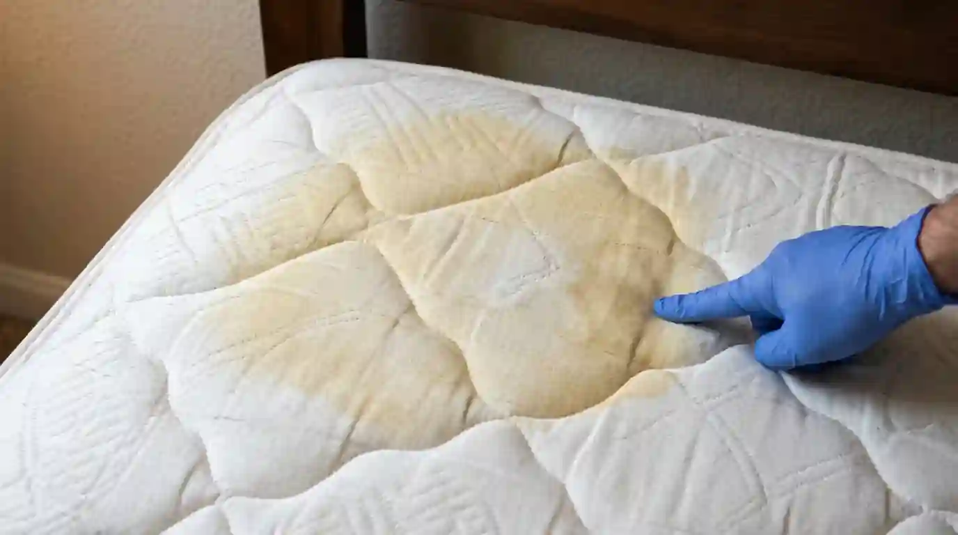 Sweat stain at the head of a white mattress