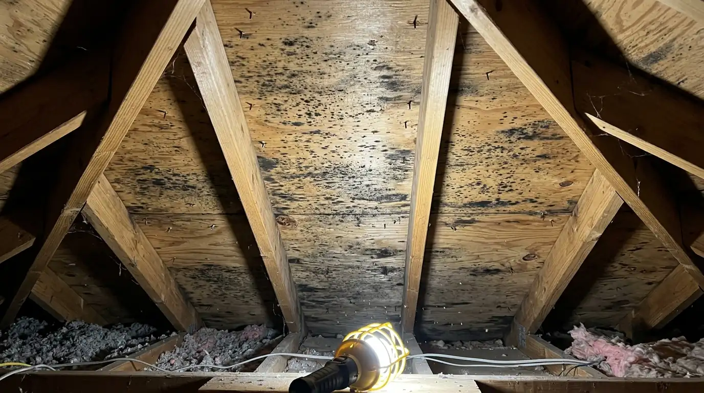Mold spotting on attic roof decking between rafters