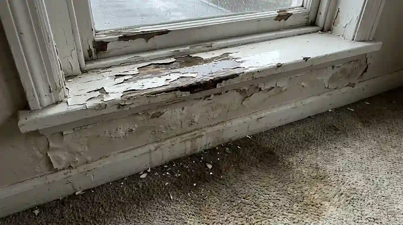 Wind-driven rain on a window sill and wet carpet below