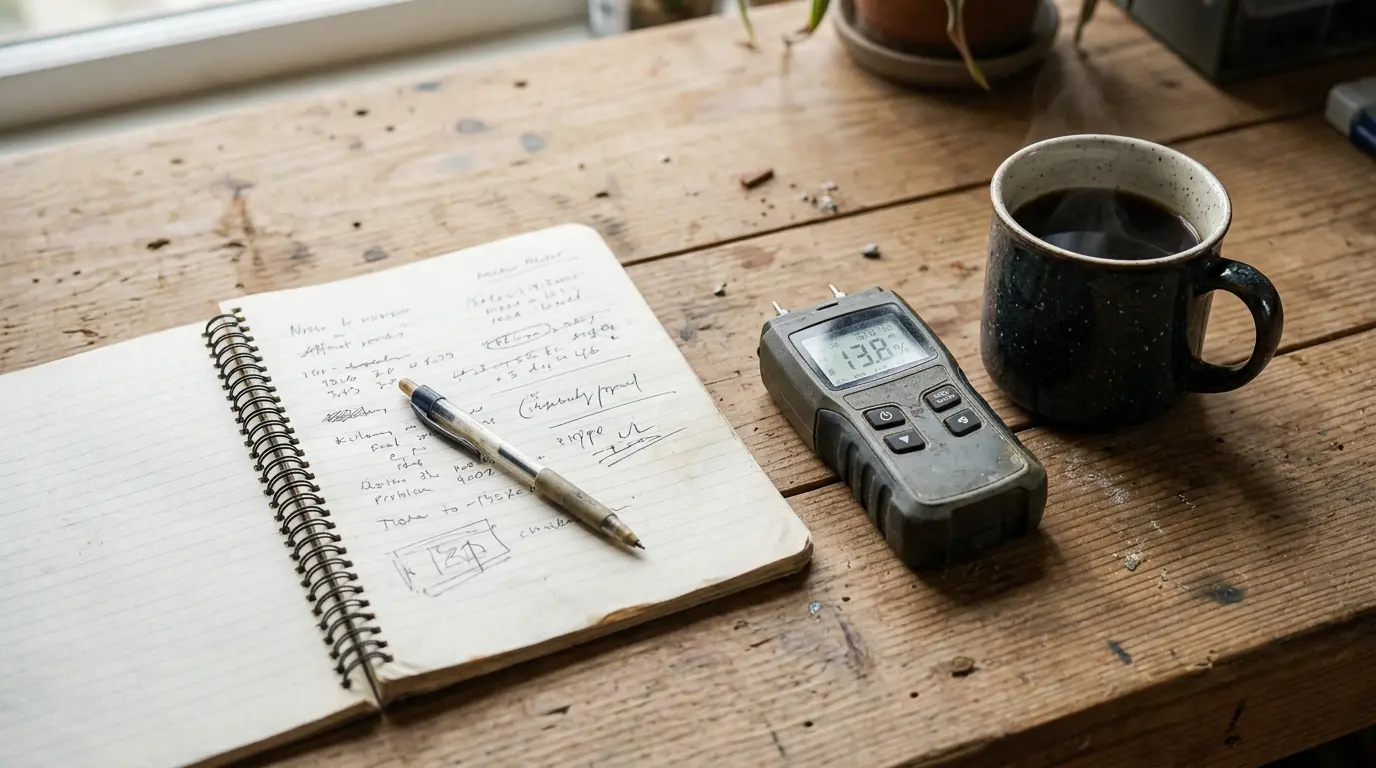 Notes and a moisture meter from a home visit