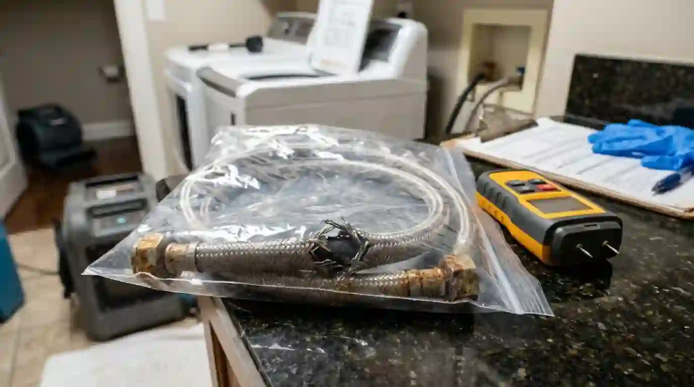 Failed supply hose kept for the adjuster after a laundry leak