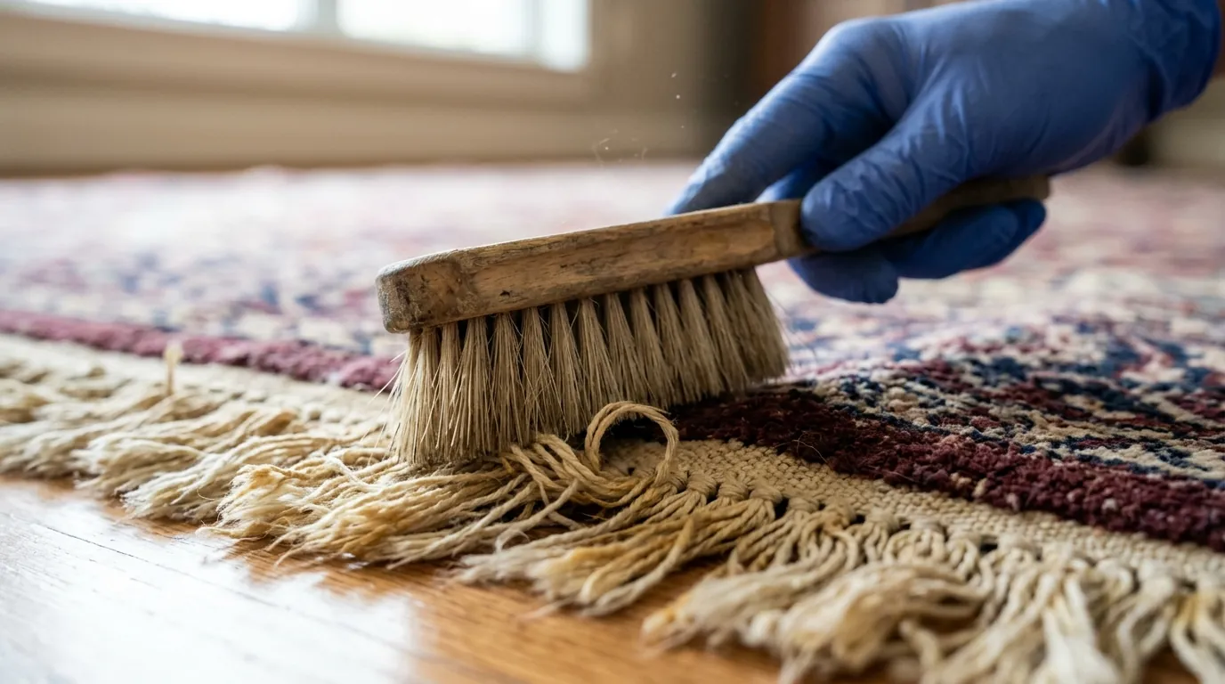 Yellowed rug fringe being cleaned by hand