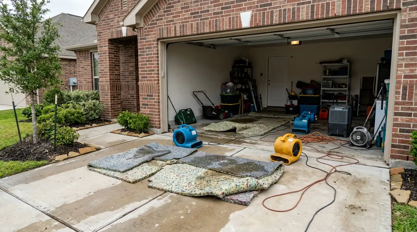 Wet carpet pad drying in the garage of a newer Pearland home