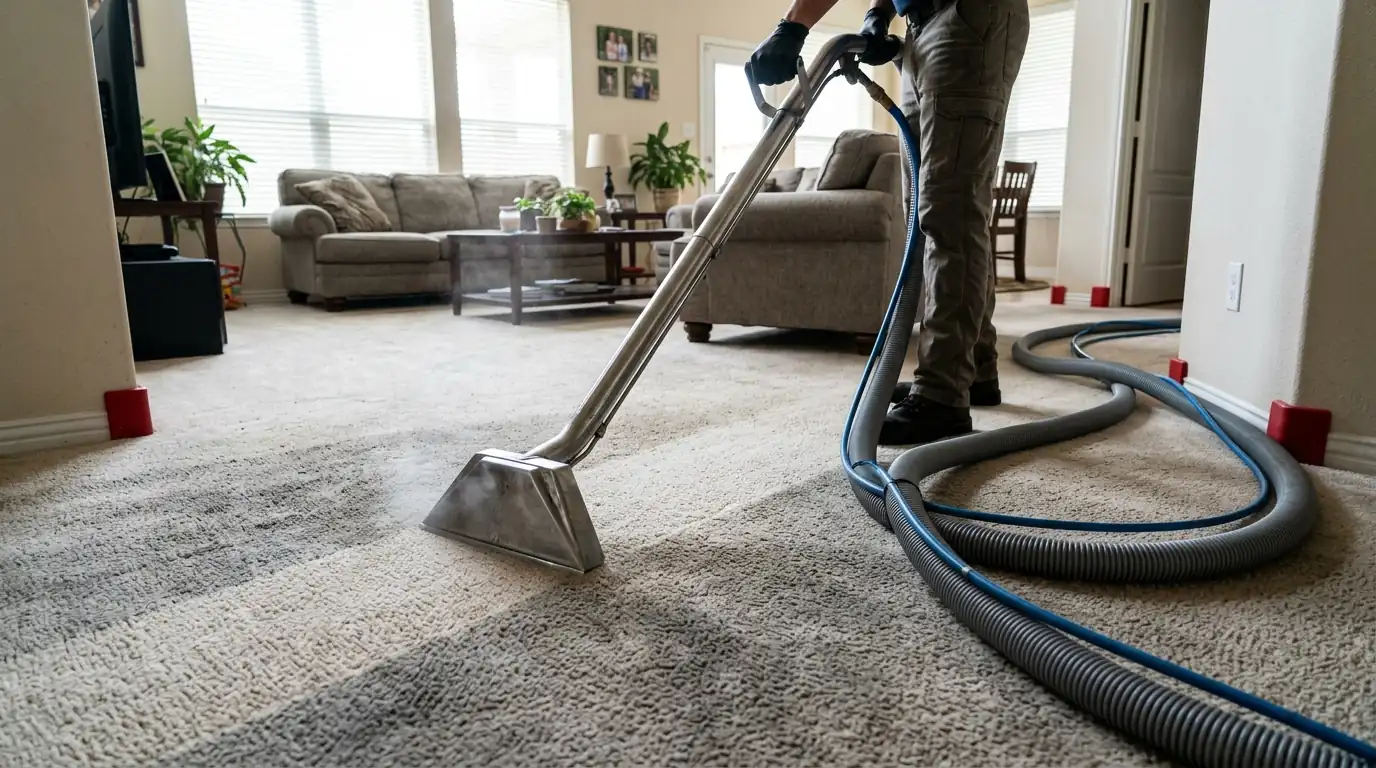 Hot water extraction wand cleaning a stripe through living room carpet in League City