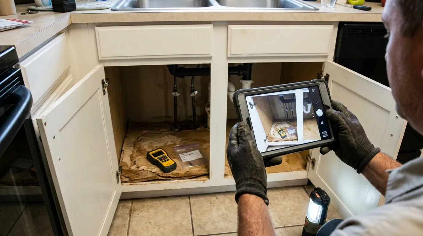 Photographing a water damaged sink cabinet for the adjuster's file