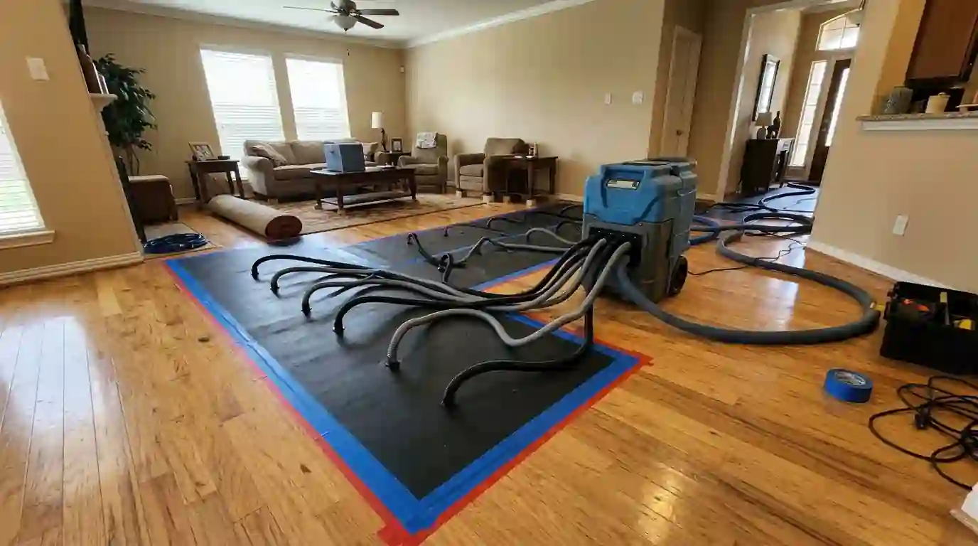 Suction drying mats on wet oak flooring