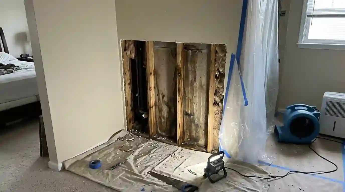 Wall opened from the bedroom side to dry behind a leaking shower