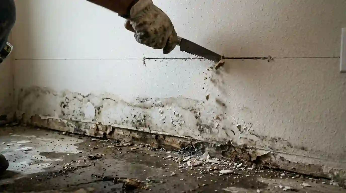 Drywall cut along a two-foot line above a wet floor