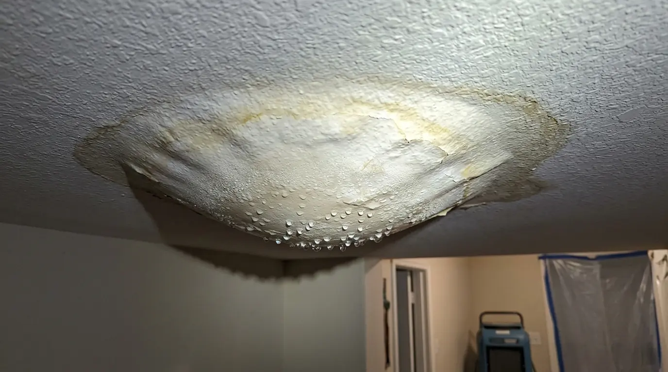 Ceiling drywall bulging with trapped water under a bathroom
