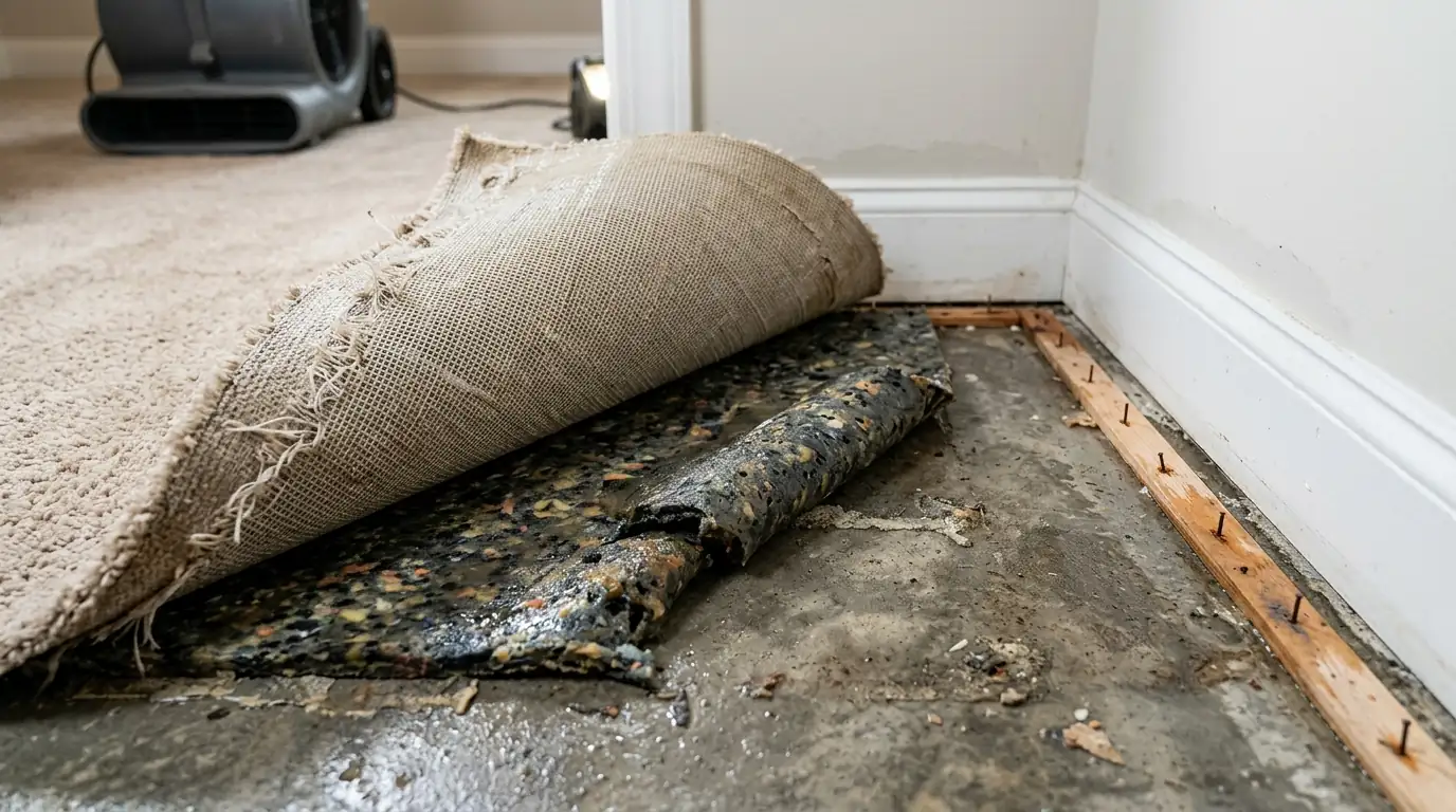 Wet carpet folded back to show separated backing and soaked pad