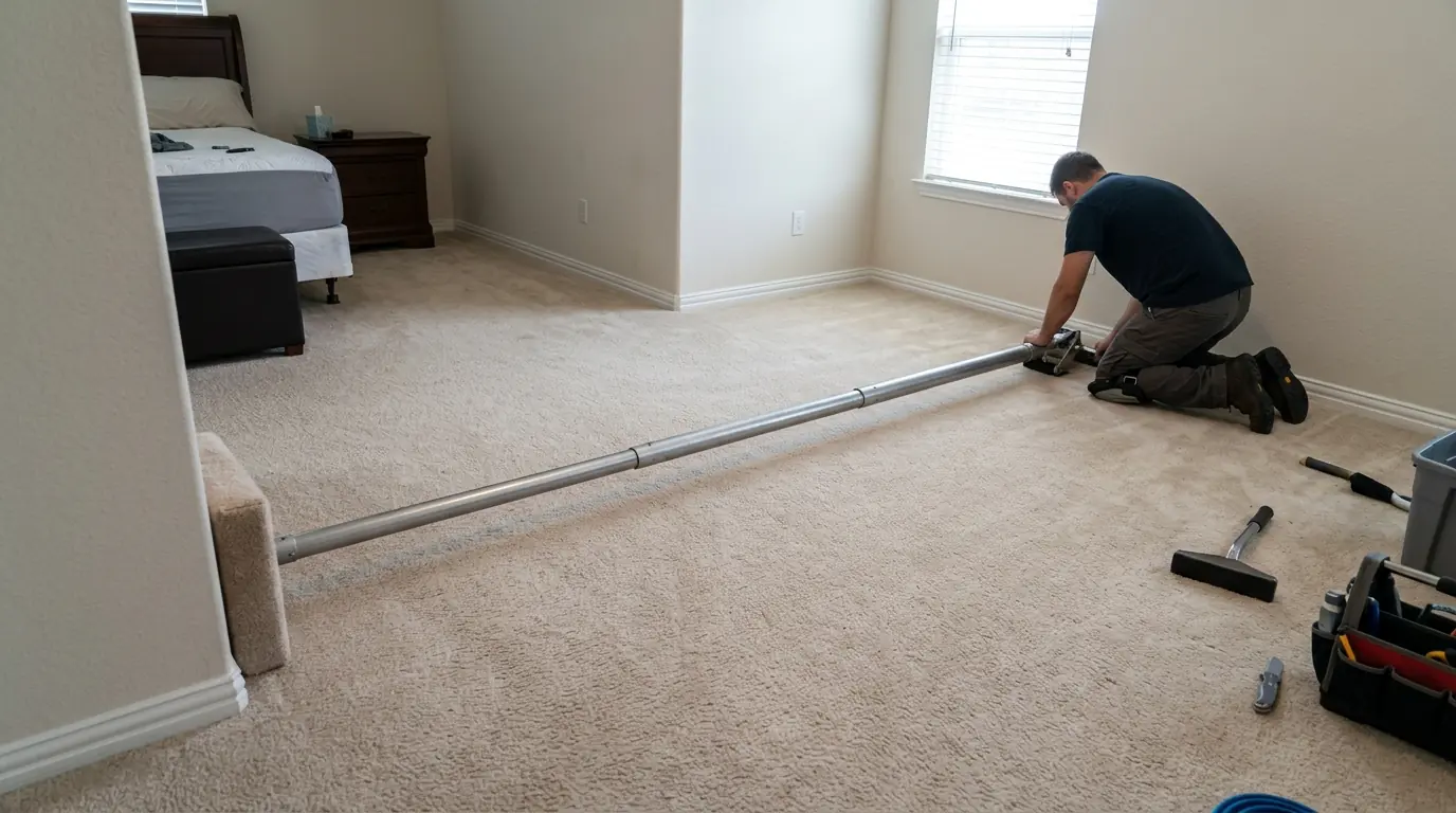Power stretcher pulling loose bedroom carpet tight