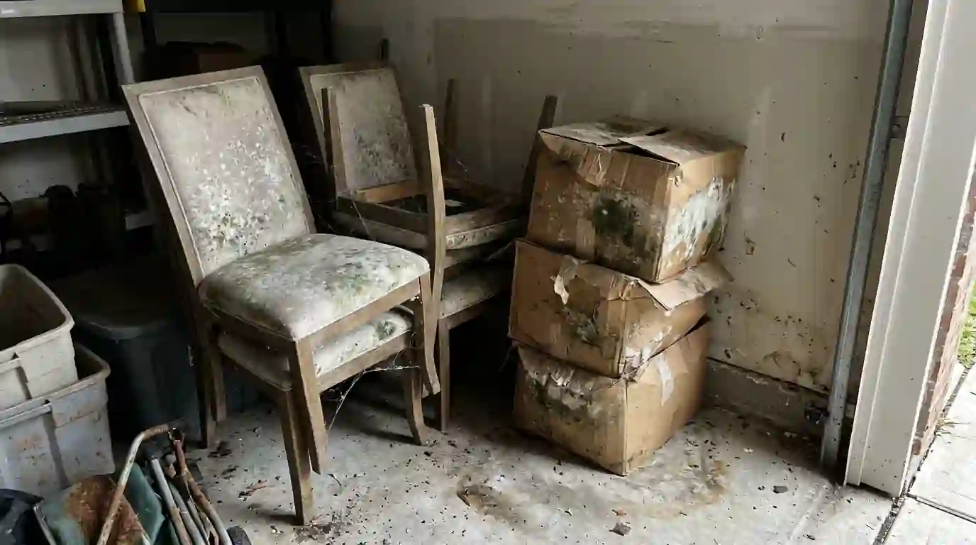 Mold on stored chairs and boxes in a damp garage