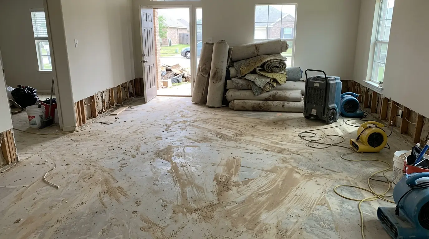 Floodwater silt on a slab after carpet and pad were pulled out