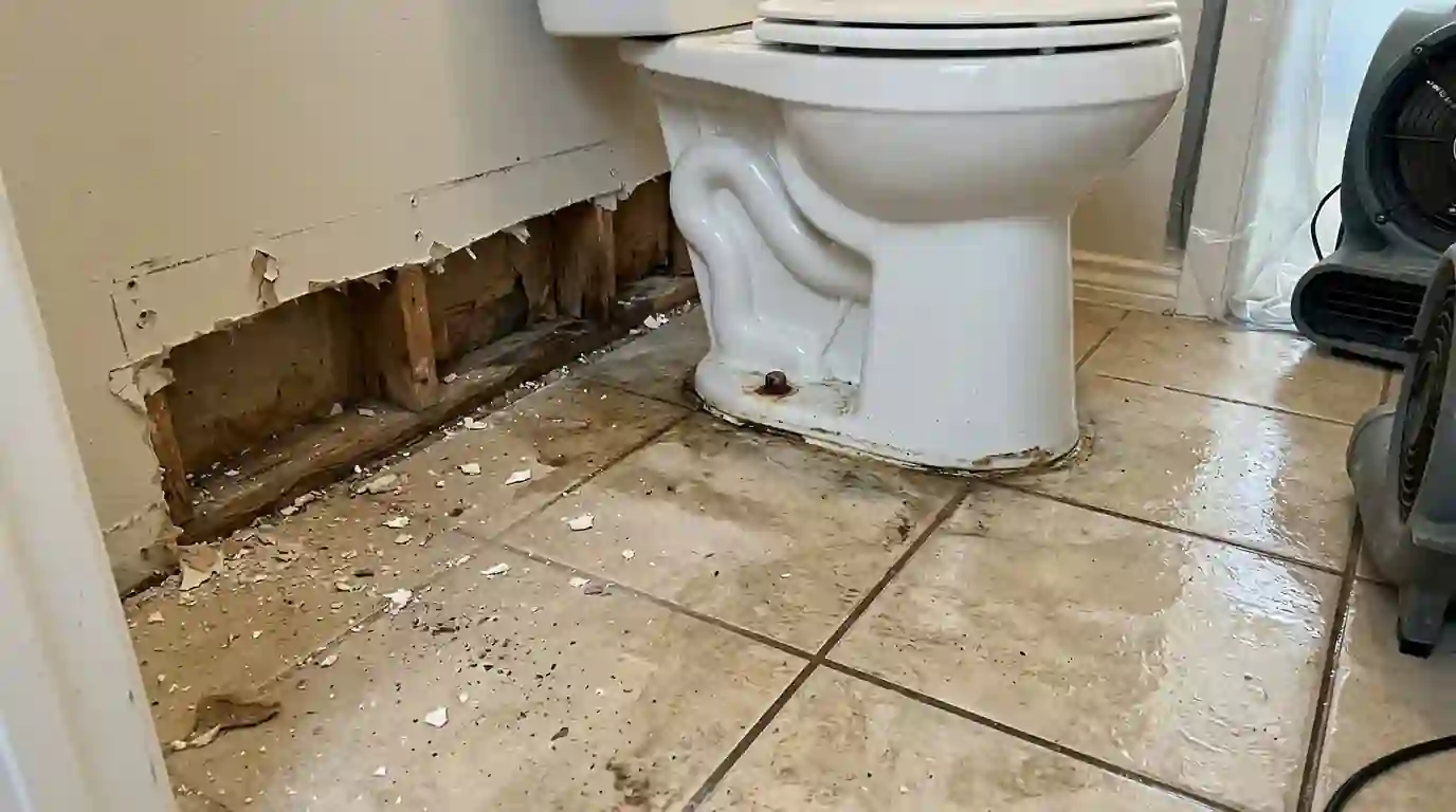 Bathroom stripped of baseboard and lower drywall after a sewage overflow