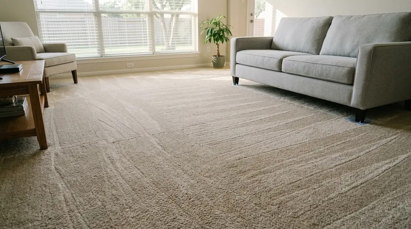Freshly cleaned carpet with even wand lines in a League City living room