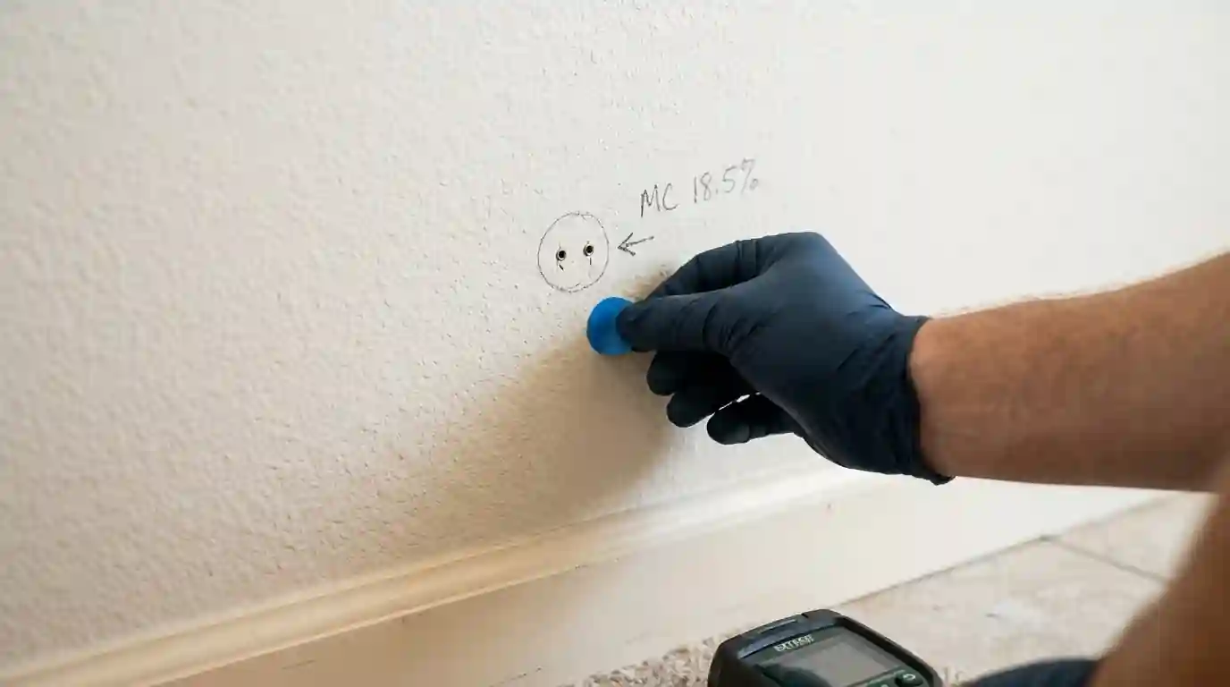 Marking a reading point on drywall for the moisture map