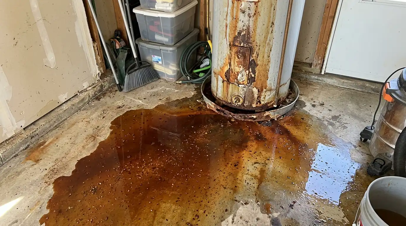 Rusted water heater leaking onto a garage slab
