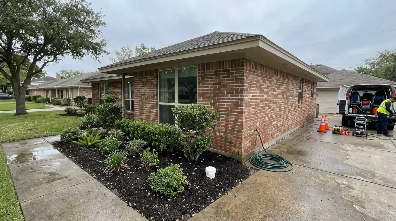 Sewer cleanout in front of an older Texas City brick house