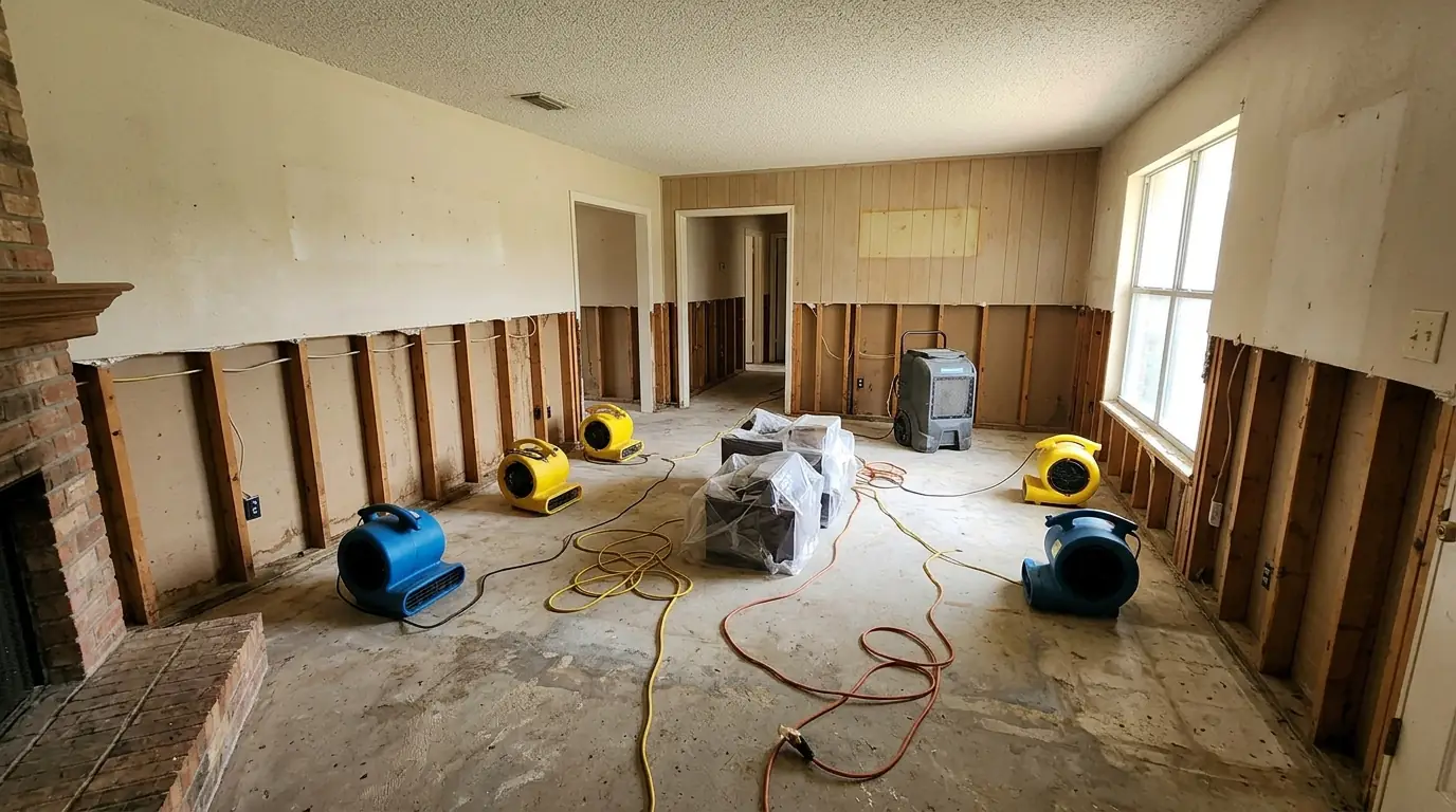 Flood cut and air movers drying an older Friendswood ranch house