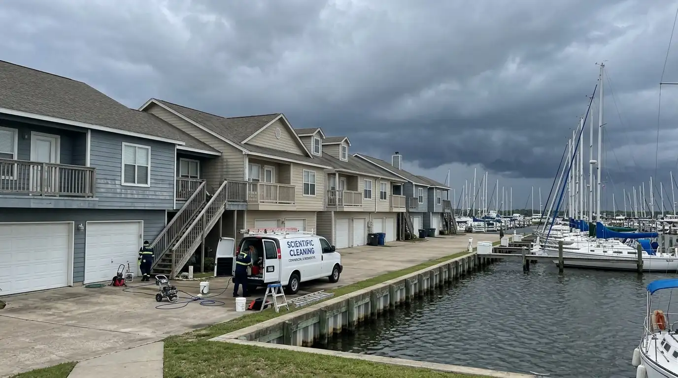 Waterfront townhomes beside the South Shore Harbour marina under storm clouds