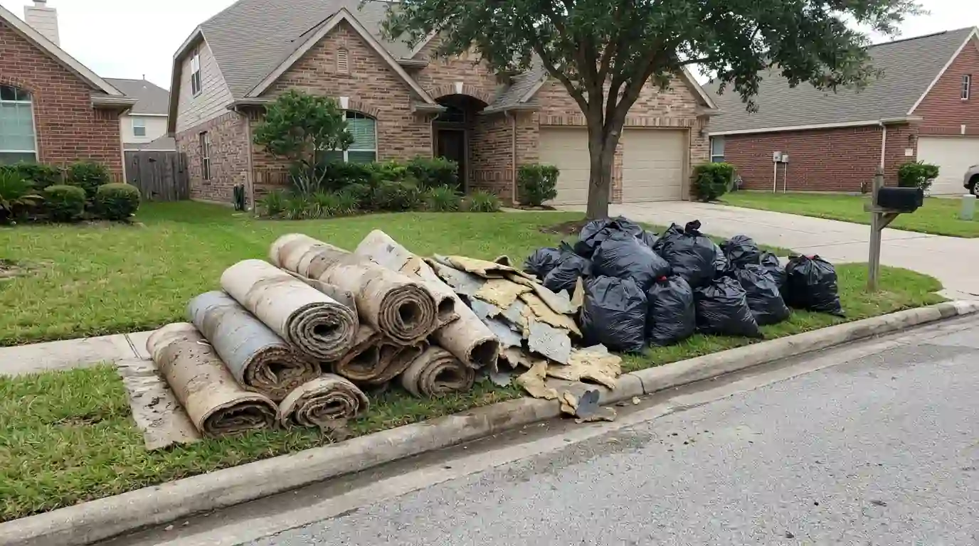 Soaked carpet and pad bagged at the curb after a flood tear-out