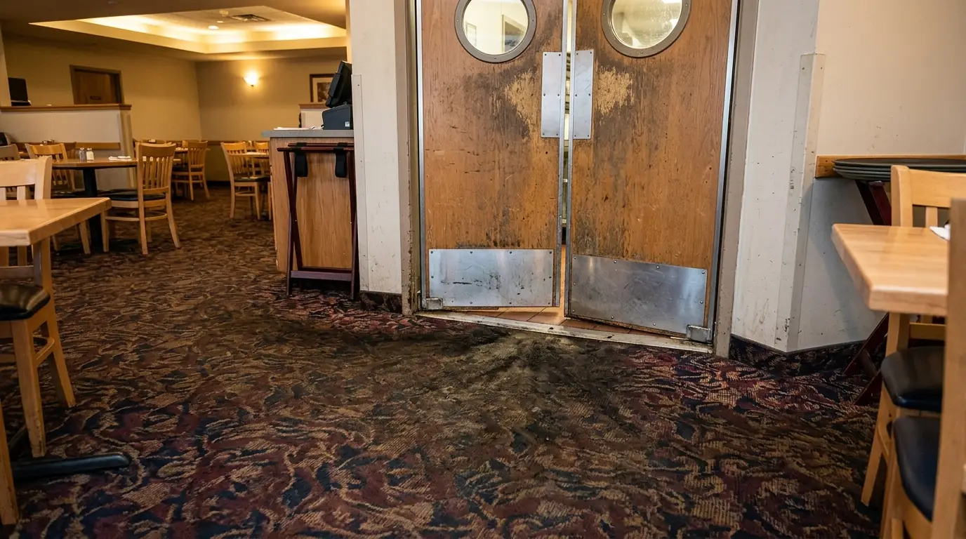 Grease tracks on restaurant carpet outside the kitchen door