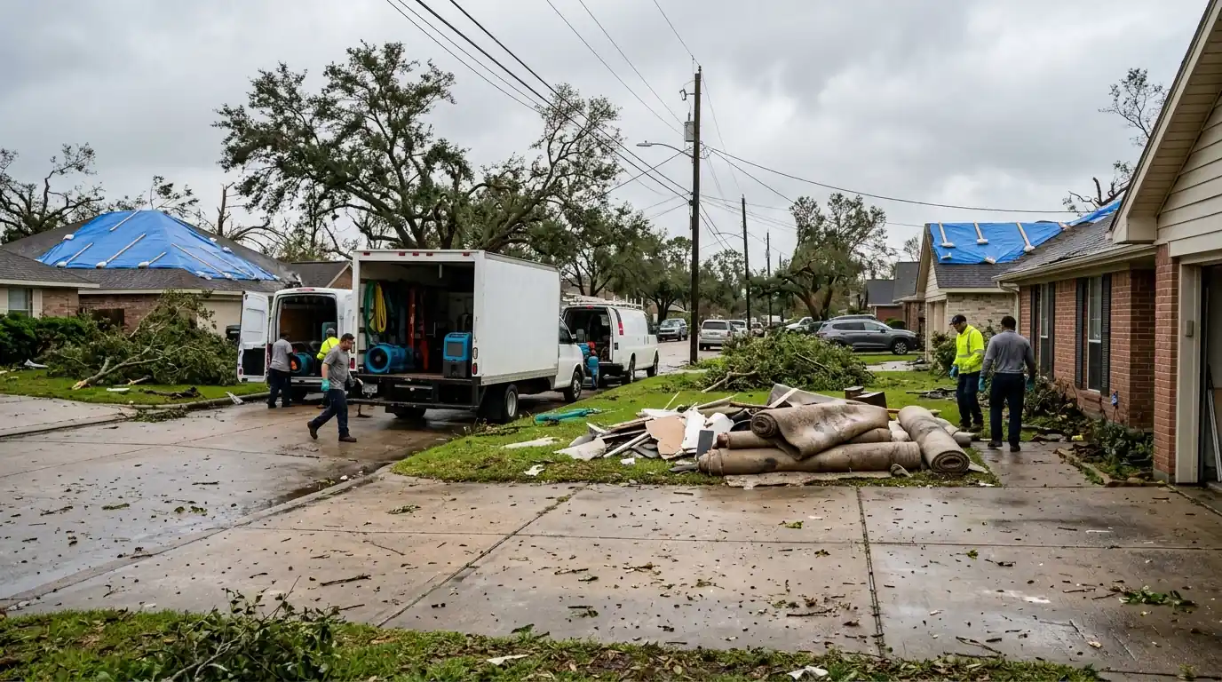 Roof tarps and storm debris along a Harris County street