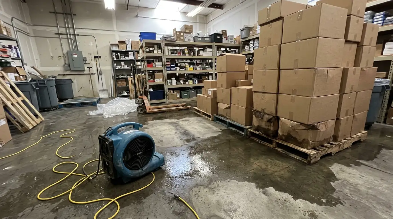 Wet stock moved onto pallets while a store stockroom dries