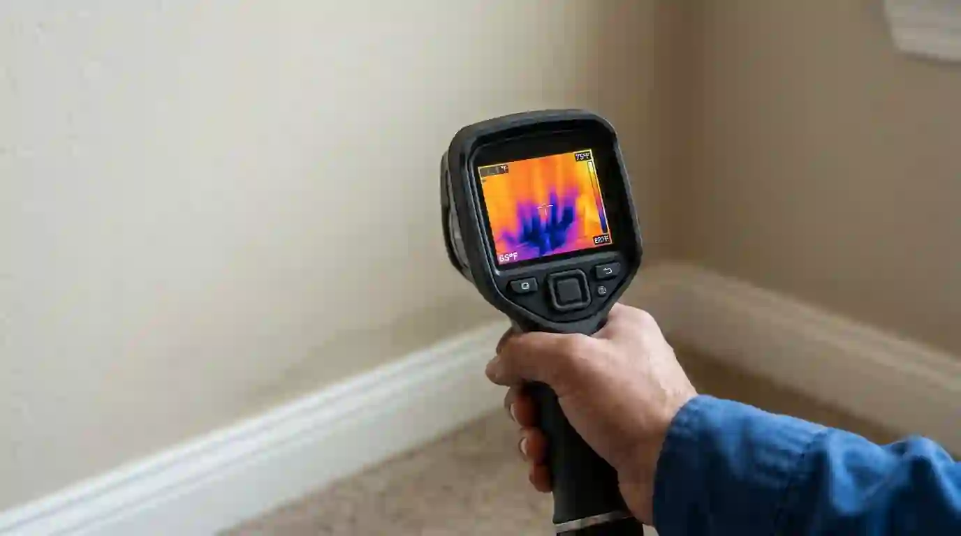 Thermal camera showing a cool moisture pattern on a living room wall