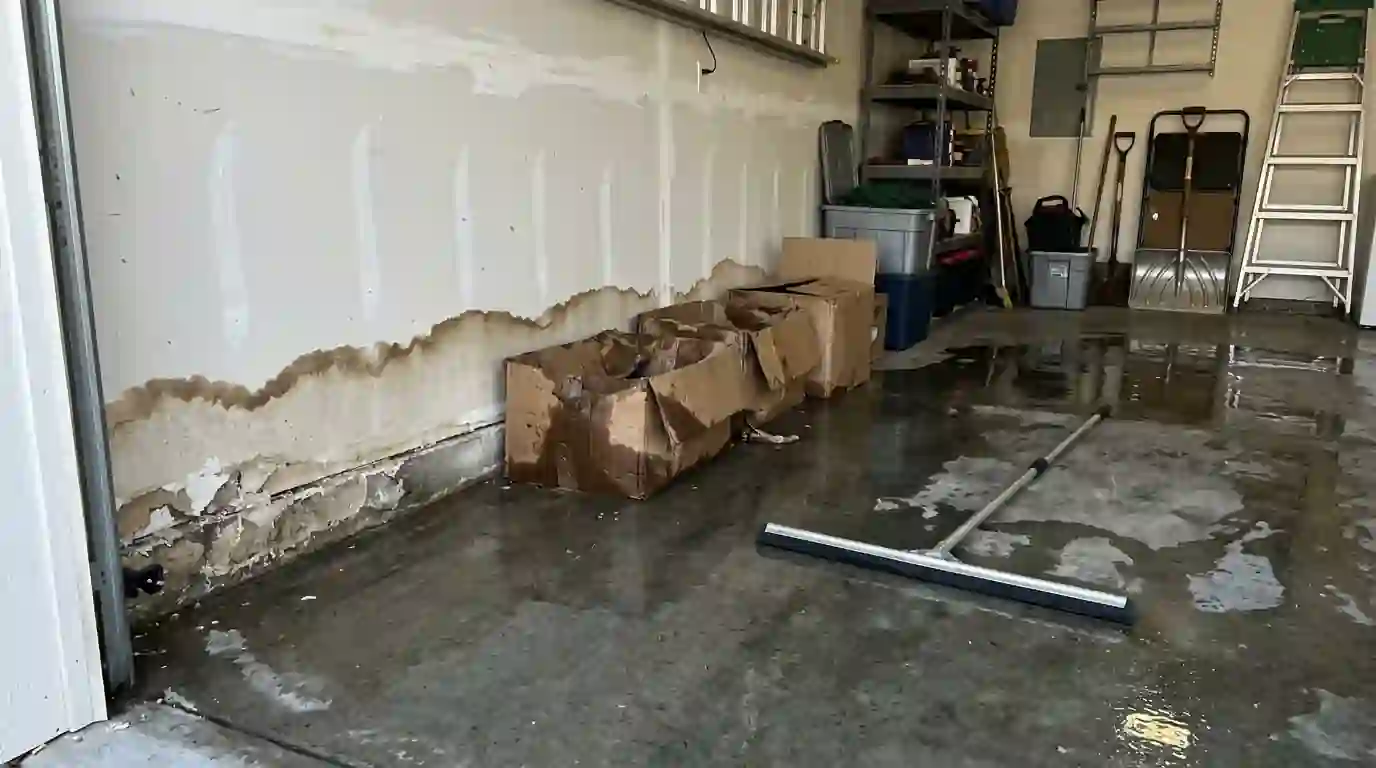 Garage drywall with a flood line and soaked boxes on the slab