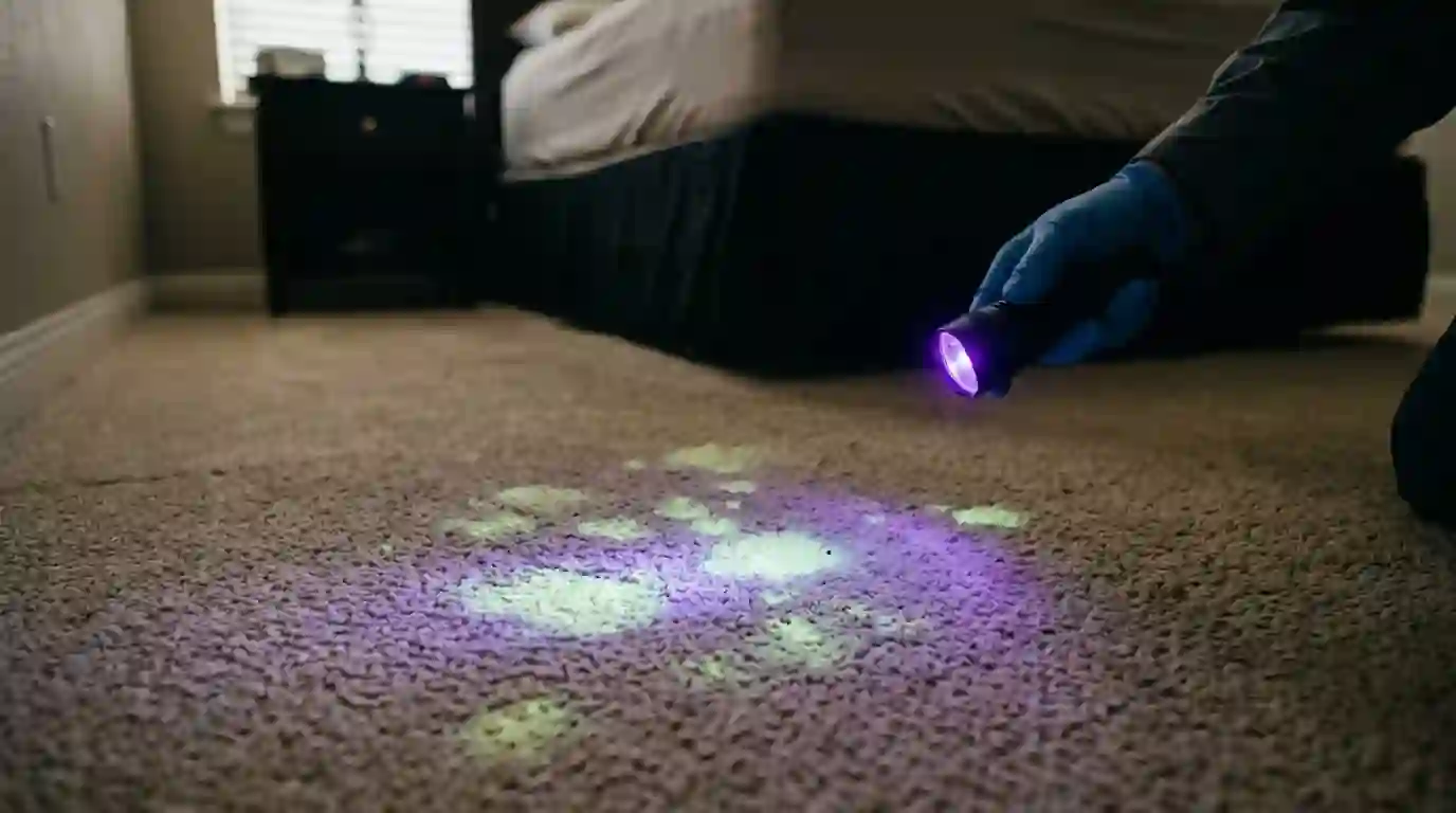UV light showing dried pet urine spots on bedroom carpet