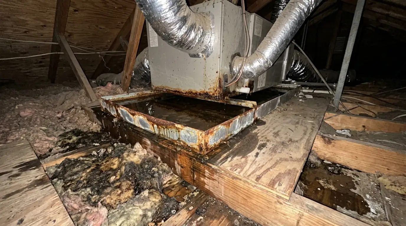 Overflowing AC drain pan in a Clear Lake attic