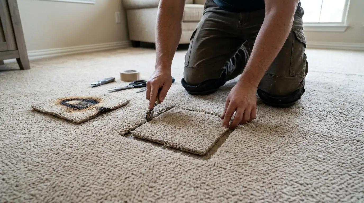 Matched carpet patch replacing an iron burn