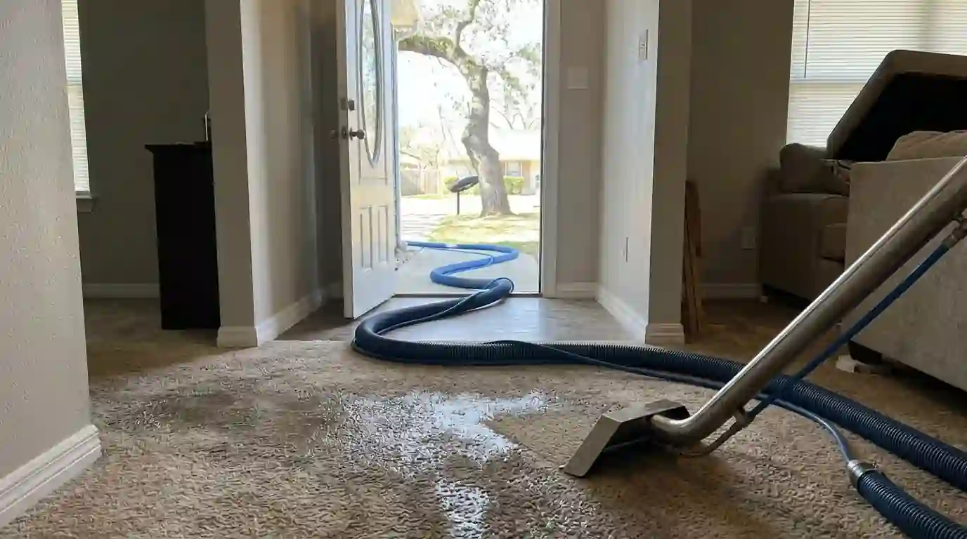 Extraction wand pulling water from a soaked League City living room carpet