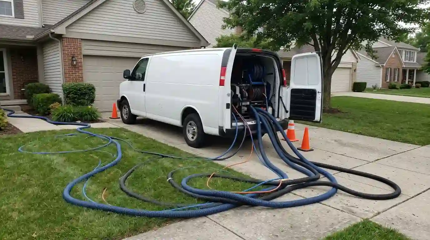 Truck-mounted extraction unit with hoses running to a wet house