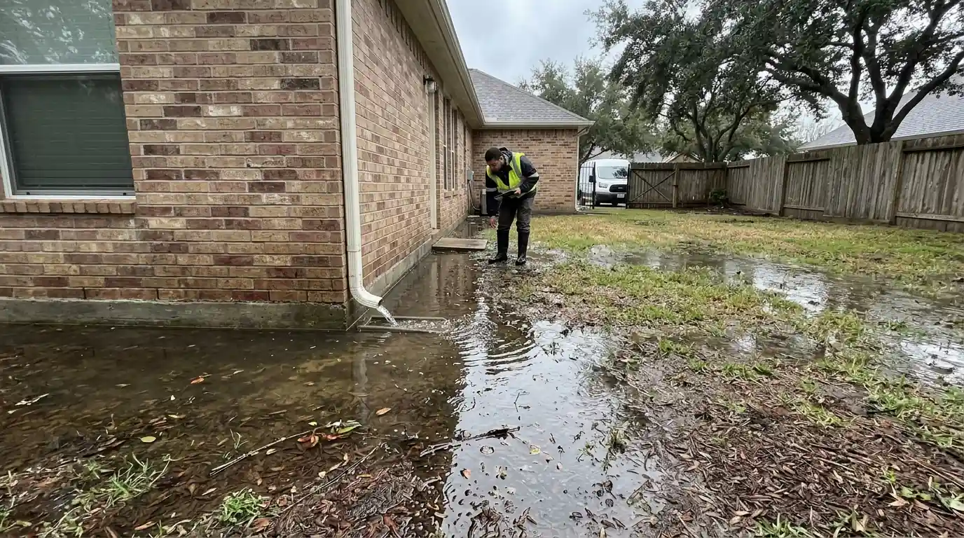 Rainwater pooling by the foundation on a large Victory Lakes lot