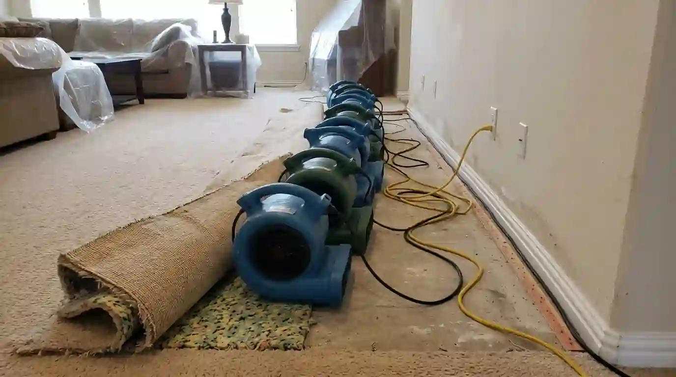 Air movers aimed along the base of a wet wall