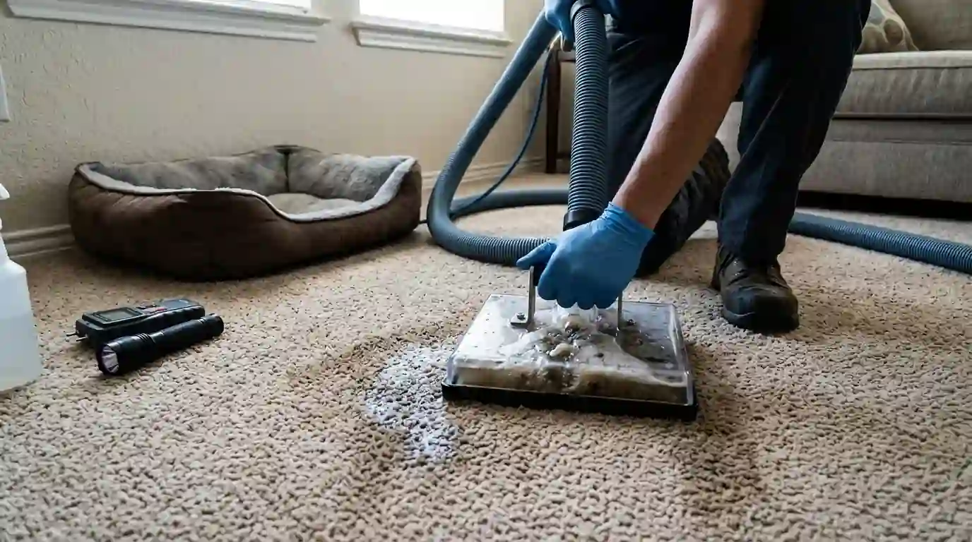 Subsurface extraction tool flushing a urine spot through the pad