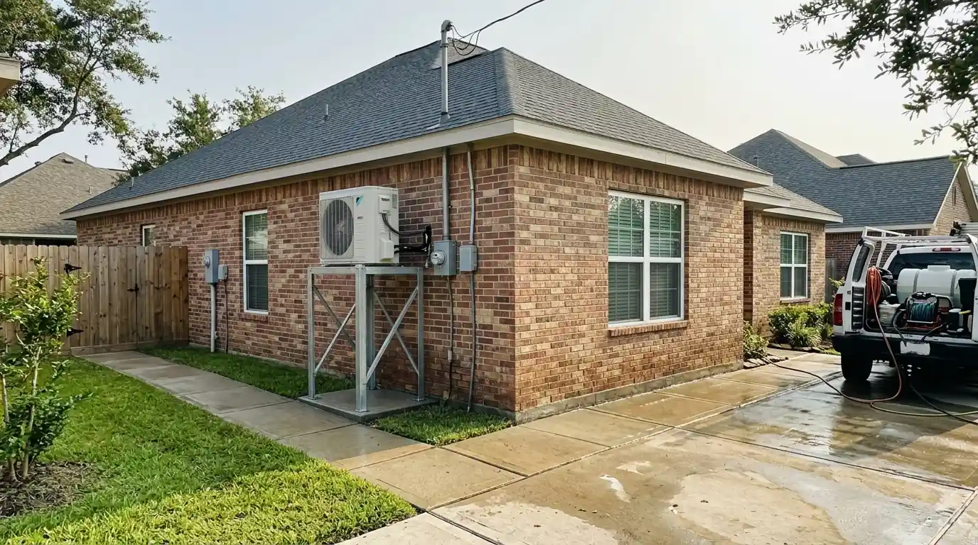 Raised AC condenser beside a rebuilt Dickinson home