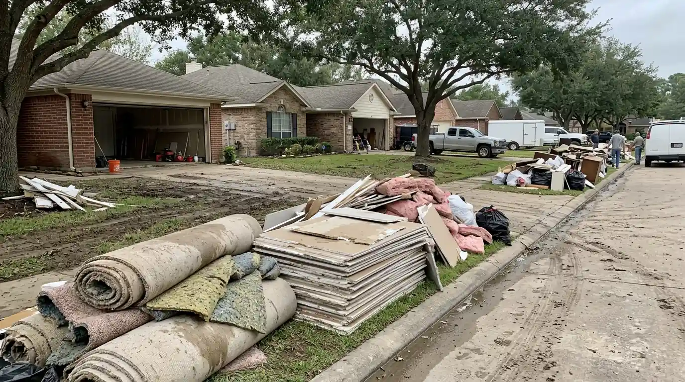 Flood debris stacked at the curb on a Galveston County street